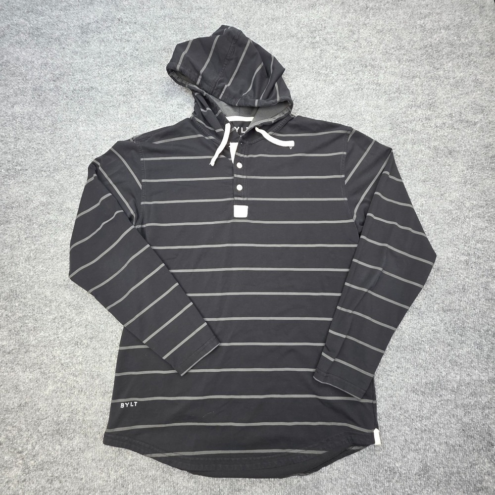 BYLT Premium Basics Drop Cut Henley hoodie Men's Medium Black Athletic Lux